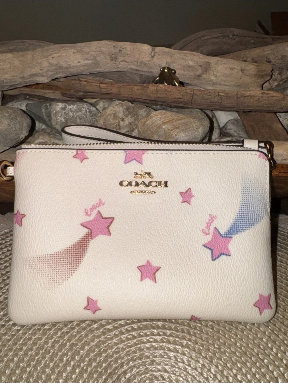Coach Cream Wristlet with Pink Star Print and Blue Accents